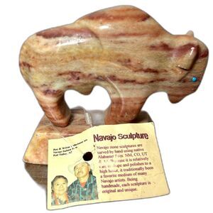 Navajo Bison Buffalo Carved Alabaster Stone Sculpture Artist Signed Todacheeny